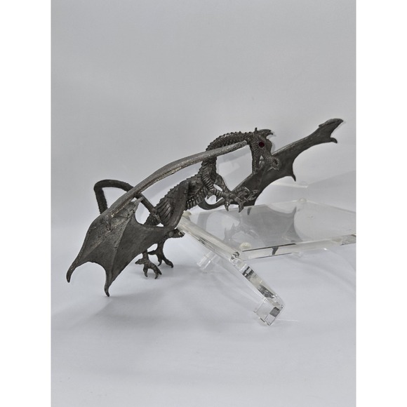 Signed Pewter Dragon Sculpture L.W. 1997 Red Glass Eyes Fantasy Art 13x11" - Picture 6 of 15
